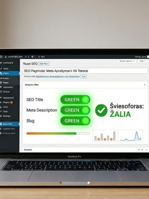 Yoast SEO įskiepio nustatymai kompiuterio ekrane su žaliais Meta aprašymo ir Alt tekstų indikatoriais